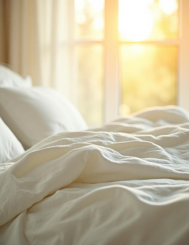 Serene coastal morning light hitting linen sheets