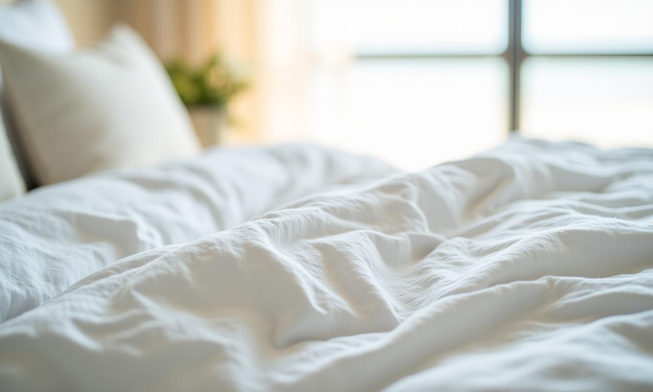 Serene coastal morning light hitting premium linen sheets