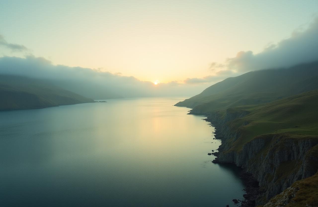 Serene Scottish coastline mist over water